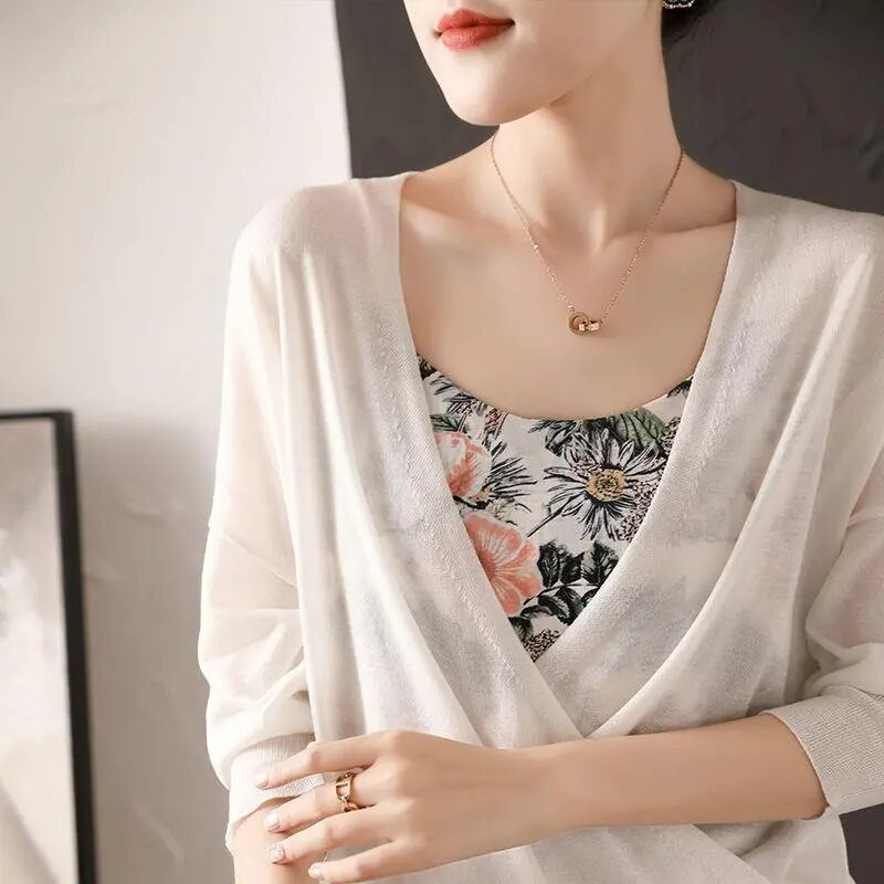 Ženski Ljeto Jesen Tanki pulover Kardigani V izrez Ženski seksi prozirni šik gornja odjeća Sleganje ramenima