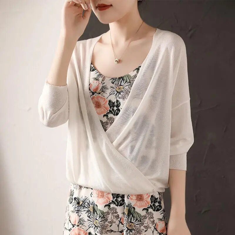 Ženski Ljeto Jesen Tanki pulover Kardigani V izrez Ženski seksi prozirni šik gornja odjeća Sleganje ramenima