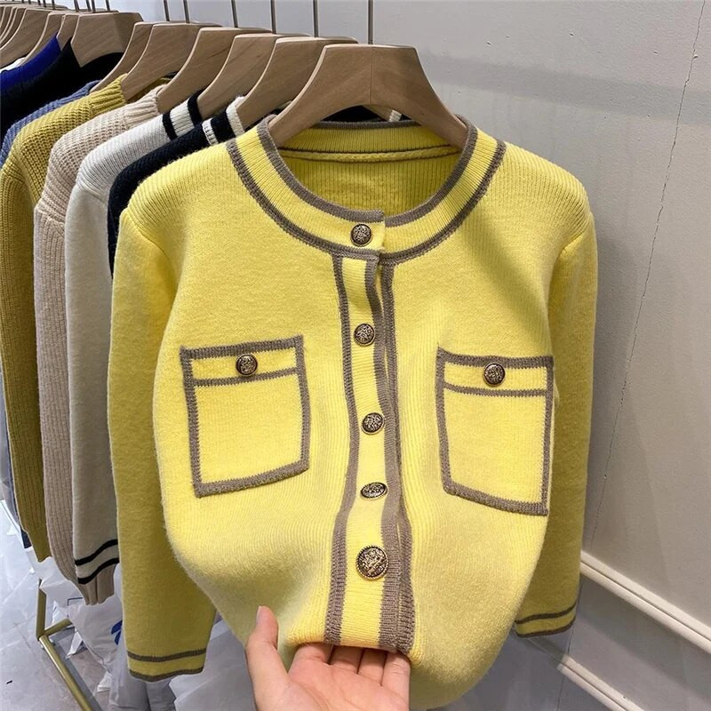 Korejski elegantni šik pleteni kardigan s dugim rukavima i dugmićima kontrastne boje za žene proljeće jesen široki ženski džemper kaputi