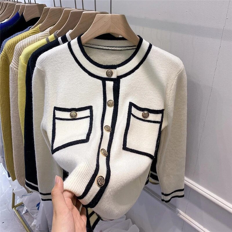 Korejski elegantni šik pleteni kardigan s dugim rukavima i dugmićima kontrastne boje za žene proljeće jesen široki ženski džemper kaputi