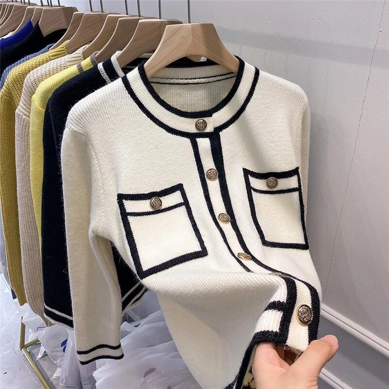 Korejski elegantni šik pleteni kardigan s dugim rukavima i dugmićima kontrastne boje za žene proljeće jesen široki ženski džemper kaputi