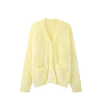 Sieviešu džemperu jaka 2023. gada jauns poliestera dzeltens, salds V veida kakla izgriezums, mīksts trikotāžas jaciņš, maiga stila, vienrindu tops ar garām piedurknēm