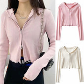 Jesen 2020. Vintage pleteni kardigani s patentnim zatvaračem Ženske majice s kapuljačom Ovratnik Rebrasti skraćeni pulover Vanjska odjeća Ležerna jakna Kaput Odjeća