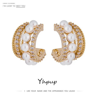 Yhpup Stylish Imitation Pearls Γεωμετρικά καρφωτά σκουλαρίκια Εξαιρετικά υψηλής ποιότητας κυβικά κοσμήματα ιδιοσυγκρασίας ζιρκονίας για γυναίκες