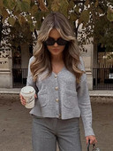 Divatos, szolid női kardigán őszi női vintage V-nyakú, egysoros kötött pulóver Elegáns, finom, hosszú ujjú zsebfelső