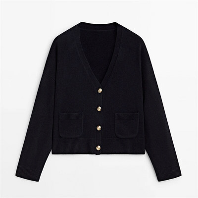 Divatos, szolid női kardigán őszi női vintage V-nyakú, egysoros kötött pulóver Elegáns, finom, hosszú ujjú zsebfelső