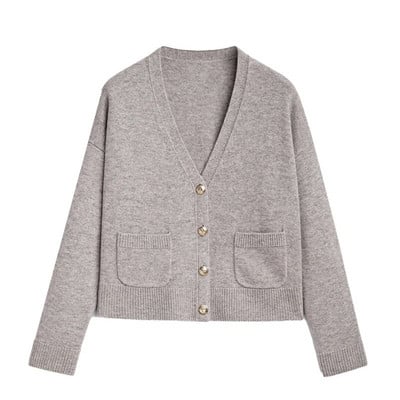 Divatos, szolid női kardigán őszi női vintage V-nyakú, egysoros kötött pulóver Elegáns, finom, hosszú ujjú zsebfelső