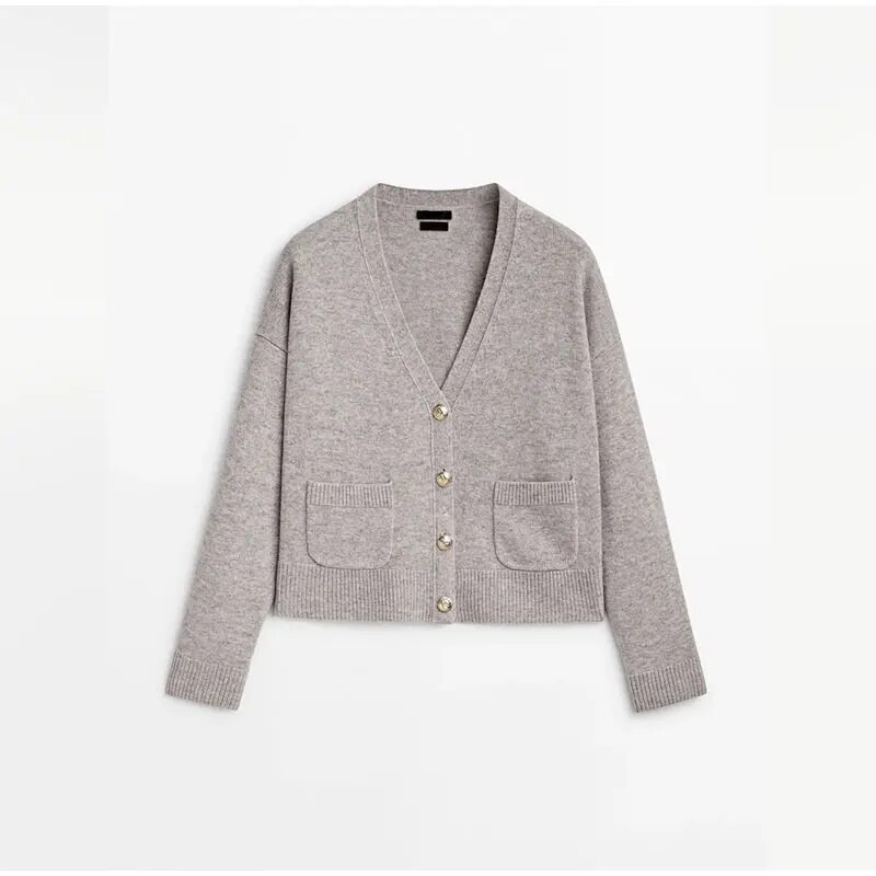 Divatos, szolid női kardigán őszi női vintage V-nyakú, egysoros kötött pulóver Elegáns, finom, hosszú ujjú zsebfelső