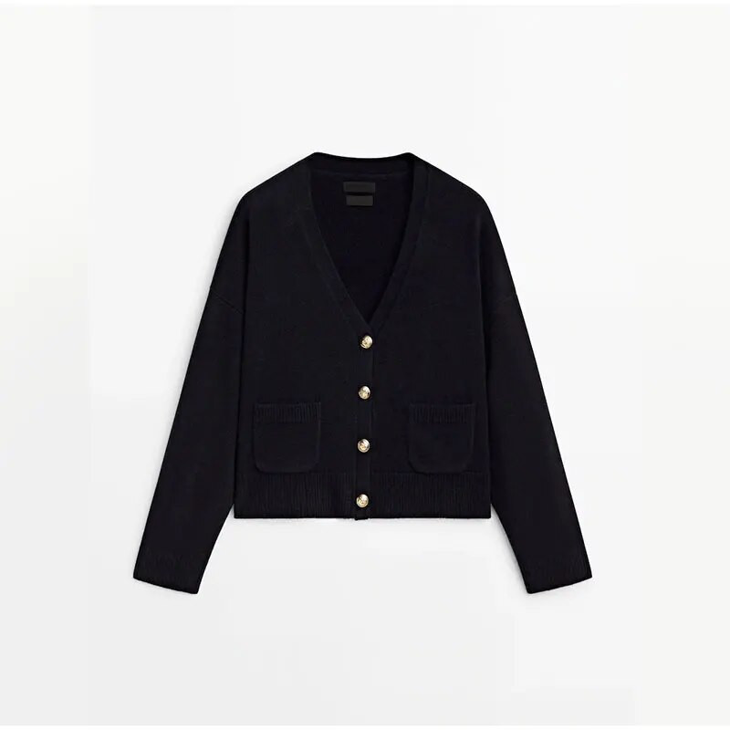 Divatos, szolid női kardigán őszi női vintage V-nyakú, egysoros kötött pulóver Elegáns, finom, hosszú ujjú zsebfelső