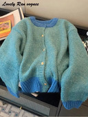 Paneļu trikotāžas sieviešu džemperis ar brīvu O veida kakla izgriezumu, garām piedurknēm, zils sieviešu trikotāžas jaka, 2023. gada rudens sieviešu mētelis ar vienrindu