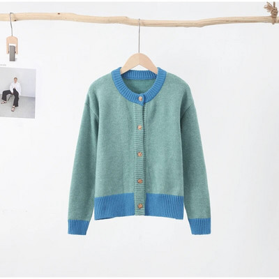 Paneļu trikotāžas sieviešu džemperis ar brīvu O veida kakla izgriezumu, garām piedurknēm, zils sieviešu trikotāžas jaka, 2023. gada rudens sieviešu mētelis ar vienrindu