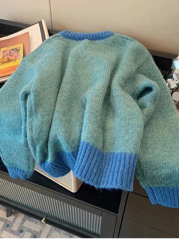 Paneļu trikotāžas sieviešu džemperis ar brīvu O veida kakla izgriezumu, garām piedurknēm, zils sieviešu trikotāžas jaka, 2023. gada rudens sieviešu mētelis ar vienrindu