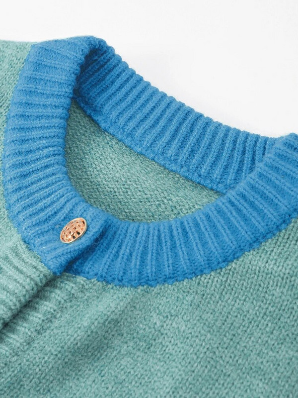 Paneļu trikotāžas sieviešu džemperis ar brīvu O veida kakla izgriezumu, garām piedurknēm, zils sieviešu trikotāžas jaka, 2023. gada rudens sieviešu mētelis ar vienrindu