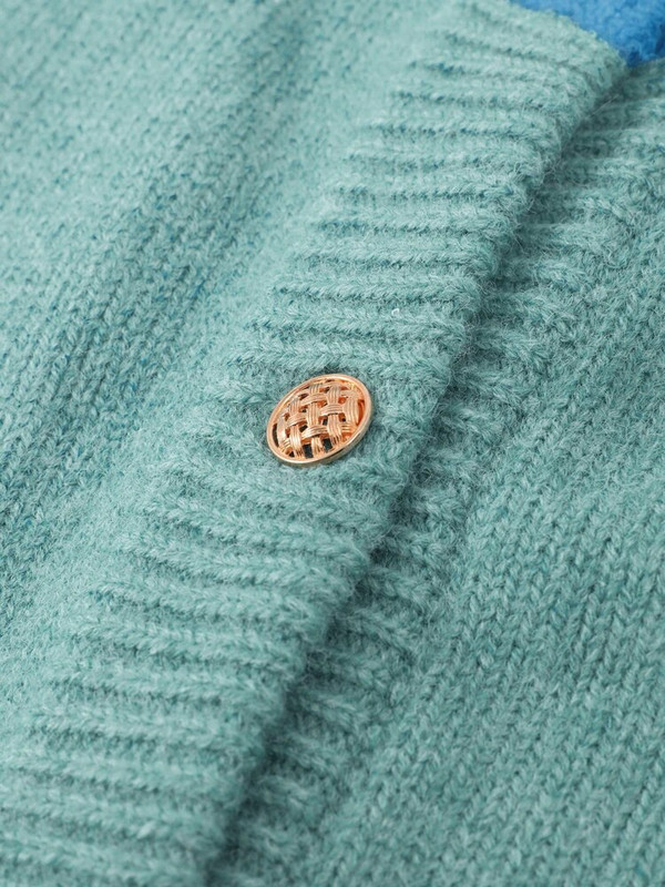 Paneļu trikotāžas sieviešu džemperis ar brīvu O veida kakla izgriezumu, garām piedurknēm, zils sieviešu trikotāžas jaka, 2023. gada rudens sieviešu mētelis ar vienrindu