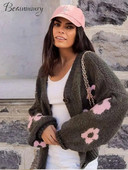 Pleteni ženski pulover s printom, jesenski pulover dugih rukava s V-izrezom, ženski džemperi s jednim kopčanjem, 2023., zimska ženska odjeća za sve