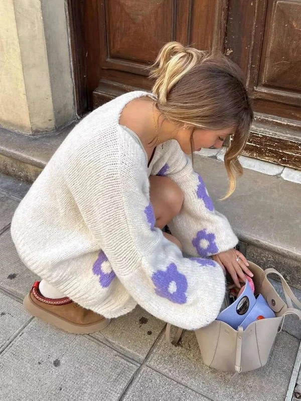 Pleteni ženski pulover s printom, jesenski pulover dugih rukava s V-izrezom, ženski džemperi s jednim kopčanjem, 2023., zimska ženska odjeća za sve