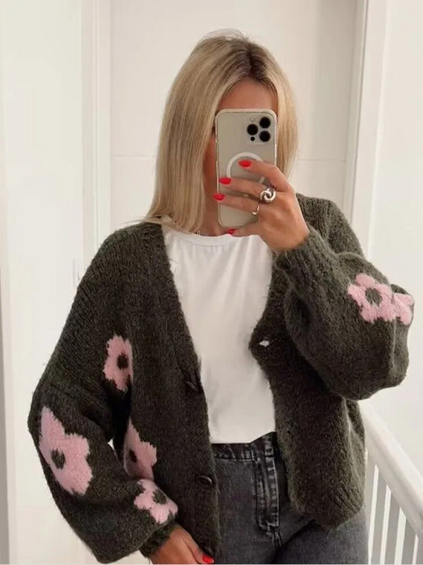 Pleteni ženski pulover s printom, jesenski pulover dugih rukava s V-izrezom, ženski džemperi s jednim kopčanjem, 2023., zimska ženska odjeća za sve