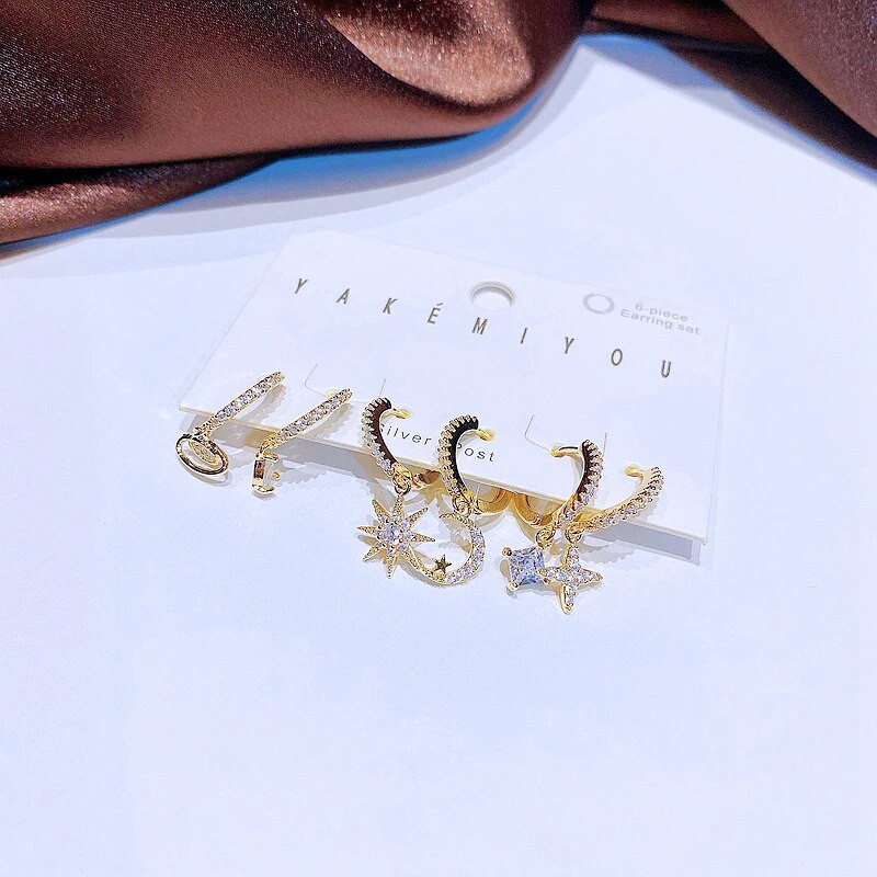 Augstākās klases kubiskā cirkona ūdens piliena mēness zvaigzne karājas auskaru komplekts sievietēm zelta krāsas kristāla rotaslietas