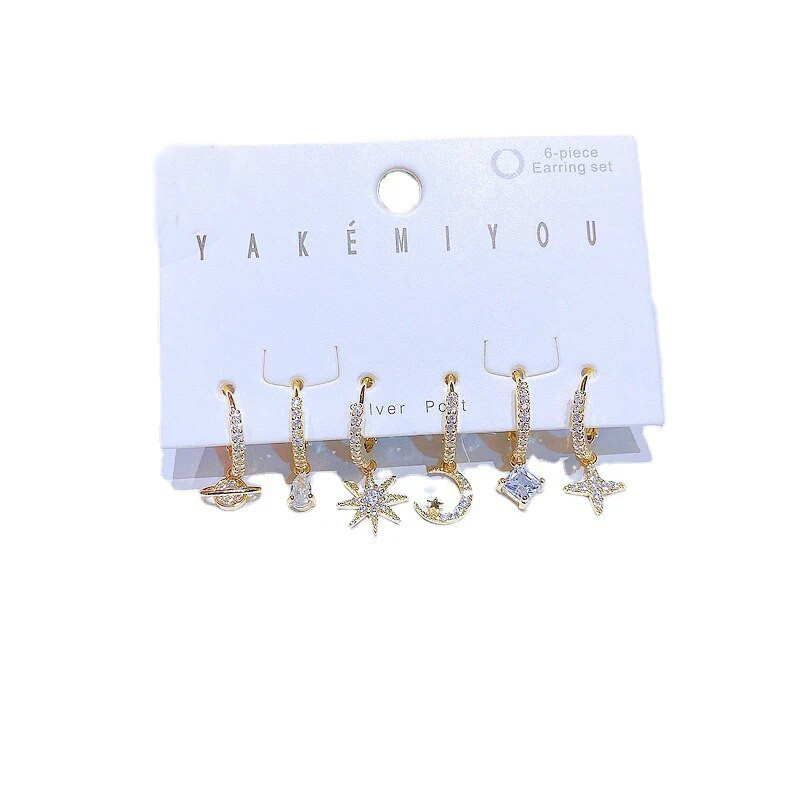 Augstākās klases kubiskā cirkona ūdens piliena mēness zvaigzne karājas auskaru komplekts sievietēm zelta krāsas kristāla rotaslietas