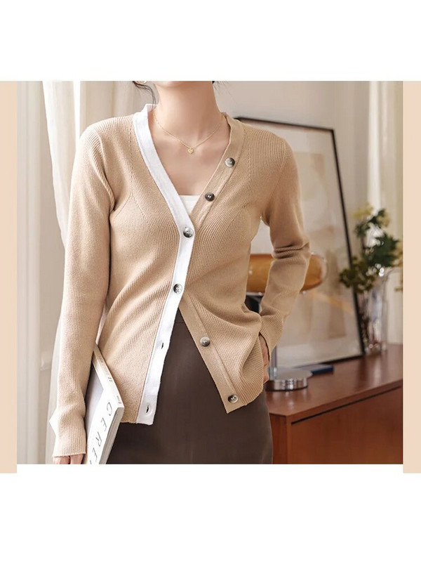 Džemperi s kardiganom s V izrezom s kontrastnim obrubom Jesen Zima M-XL