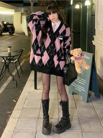 Deeptown Preppy Style Argyle Γυναικεία πλεκτή ζακέτα Harajuku Γλυκό ροζ υπερμεγέθη πουλόβερ Ρετρό μακρυμάνικο μπλουζάκια με λαιμόκοψη σε V