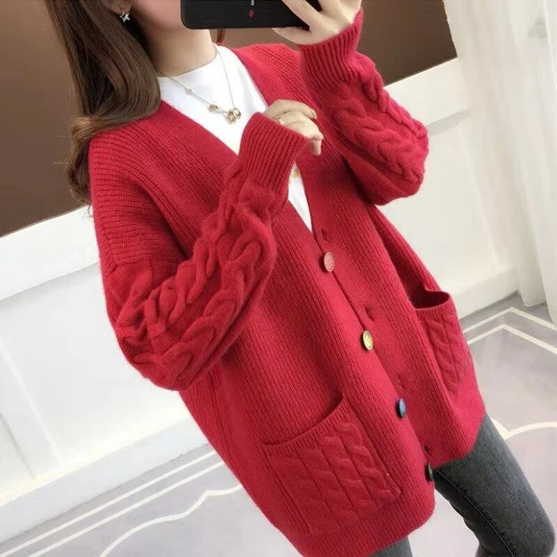 Ženski džemper veće veličine 2020. Jesen Zima V-izrez Jednoredno kopčanje Ležerni široki topli pleteni kaput Ženski Ropa Mujer 3XL