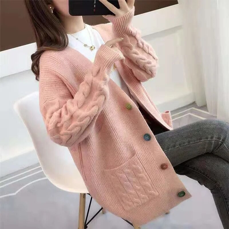 Ženski džemper veće veličine 2020. Jesen Zima V-izrez Jednoredno kopčanje Ležerni široki topli pleteni kaput Ženski Ropa Mujer 3XL