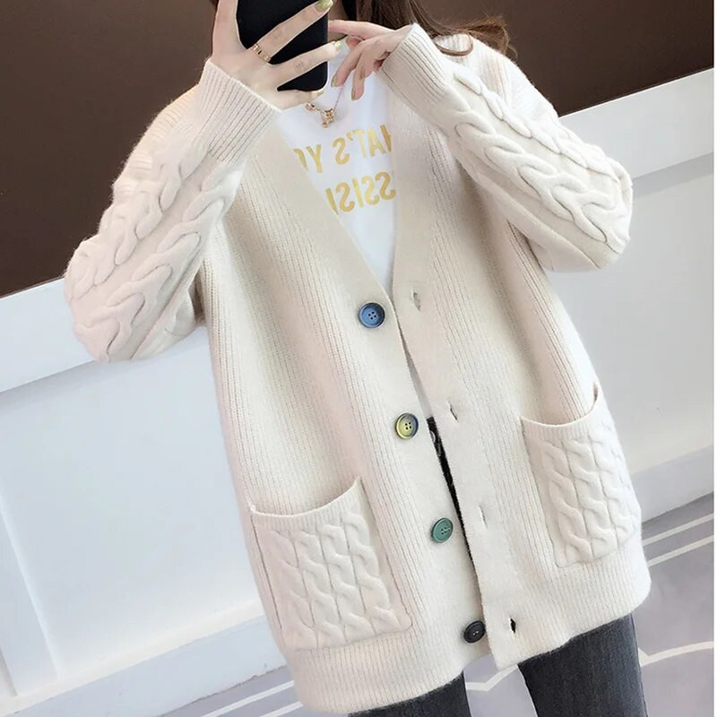 Ženski džemper veće veličine 2020. Jesen Zima V-izrez Jednoredno kopčanje Ležerni široki topli pleteni kaput Ženski Ropa Mujer 3XL