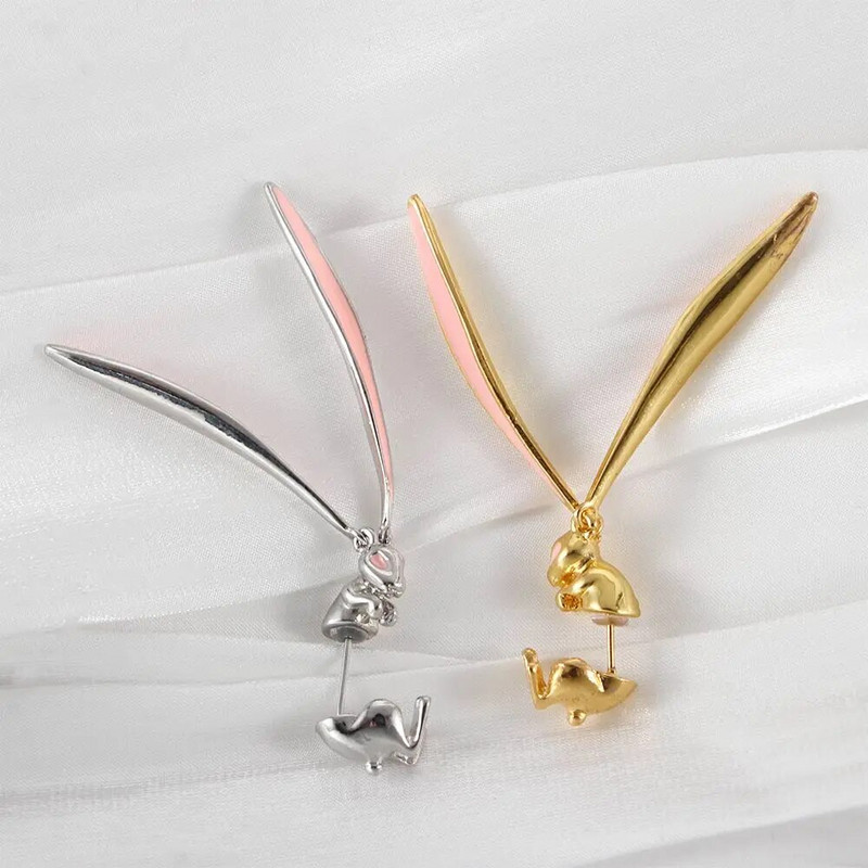 Modne, lijepe, sjajne ružičaste duge zečje uši s glaziranim metalnim dizajnom naušnice za žene, djevojke, poklon za zabavu