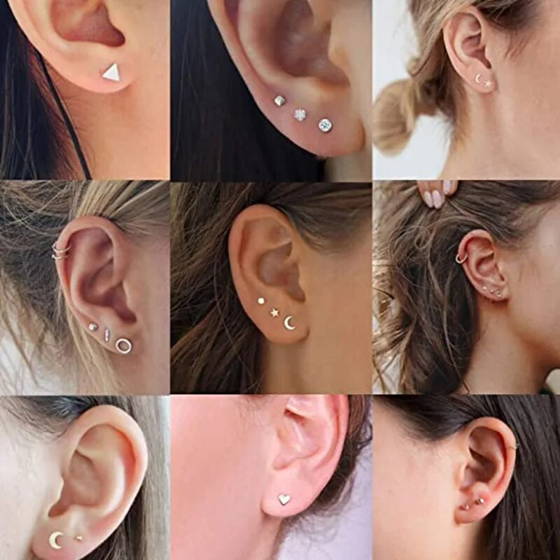 Náušnice z nehrdzavejúcej ocele s hviezdicovým tragusom, malá činka, mesiac, srdce, špirála, piercing do chrupavky, kvetinové šperky