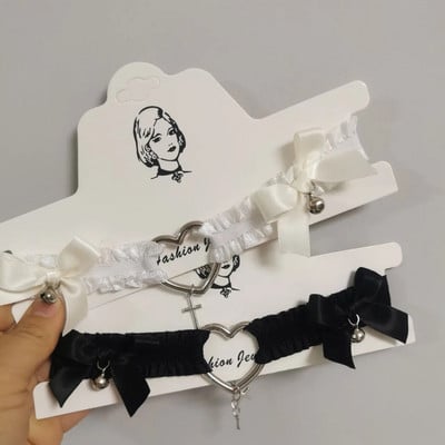 Harajuku Lolita Choker Колие за жени Тъмно секси черно-бяла дантелена верига Естетично сърце с кръст Висулка Кокетка Аксесоари