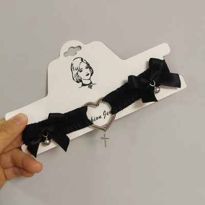 Γυναικείο κολιέ τσόκερ Harajuku Lolita Σκούρο σέξι μαύρη λευκή δαντέλα Κρεμαστό αξεσουάρ κοκέτα αισθητικής καρδιάς σταυρός