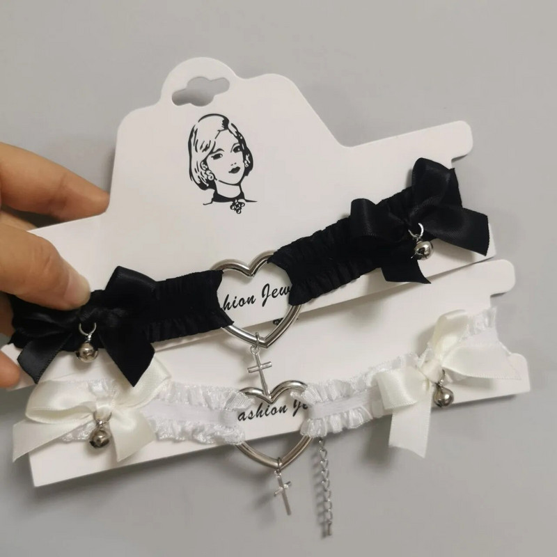 Γυναικείο κολιέ τσόκερ Harajuku Lolita Σκούρο σέξι μαύρη λευκή δαντέλα Κρεμαστό αξεσουάρ κοκέτα αισθητικής καρδιάς σταυρός