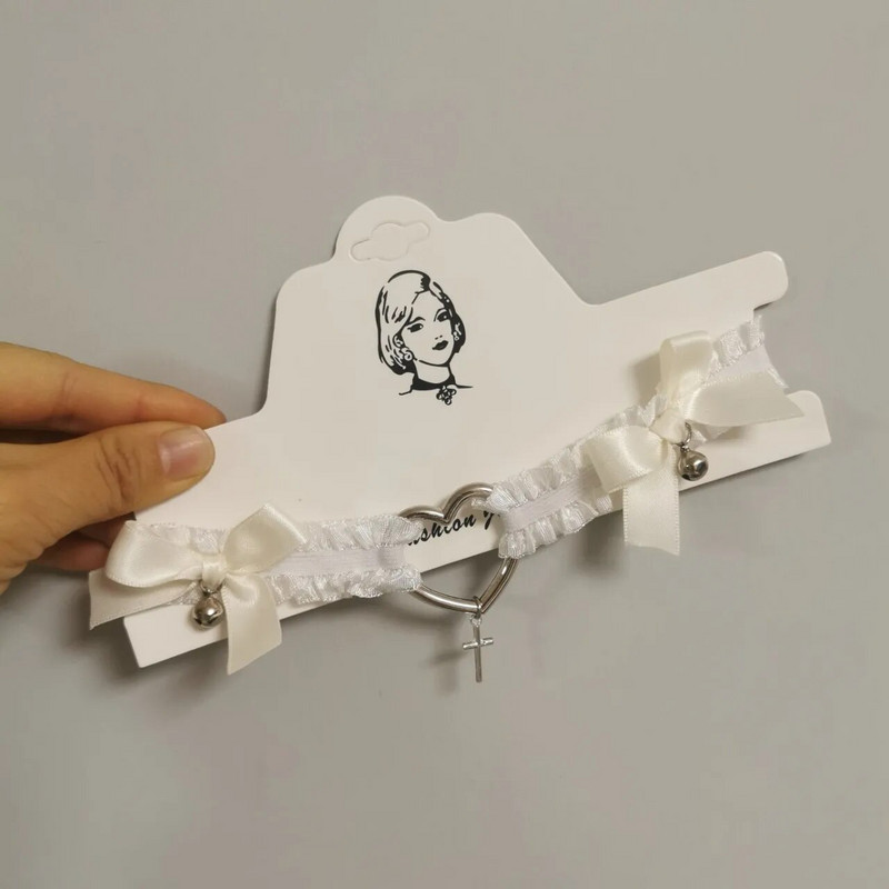 Γυναικείο κολιέ τσόκερ Harajuku Lolita Σκούρο σέξι μαύρη λευκή δαντέλα Κρεμαστό αξεσουάρ κοκέτα αισθητικής καρδιάς σταυρός