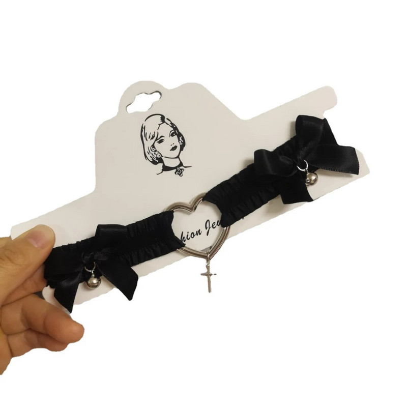 Γυναικείο κολιέ τσόκερ Harajuku Lolita Σκούρο σέξι μαύρη λευκή δαντέλα Κρεμαστό αξεσουάρ κοκέτα αισθητικής καρδιάς σταυρός