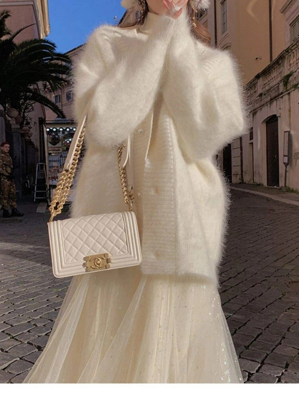 Aukštos kokybės moteriškas audinės kašmyro megztinis Korėjos rudens mados V formos kaklo megztas moherio storas palaidas megztinis paltas