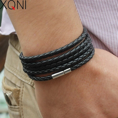 XQNI марка черна ретро обвивка Дълга кожена гривна мъжки гривни мода sproty Chain link мъжка гривна с 5 обиколки