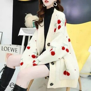 Jesenska moda, trešnje, vez, kardigani srednje dužine, ženski v-izrez, šišmiš rukavi, džepni pulover, kaput, široke ženske majice