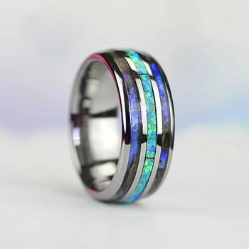 Μόδα 8 χιλιοστών ροζ χρυσό Χρώμα βολφραμίου Ανδρικά δαχτυλίδια από ανοξείδωτο ατσάλι Ένθετο Abalone Shell Μπλε δαχτυλίδια Opal Ανδρικά κοσμήματα γάμου