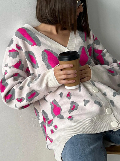 Zimski kardigan s leopard uzorkom za žene 2023. Ležerna široka jakna s V izrezom Debeli topli pleteni kardigan za žene s gumbima