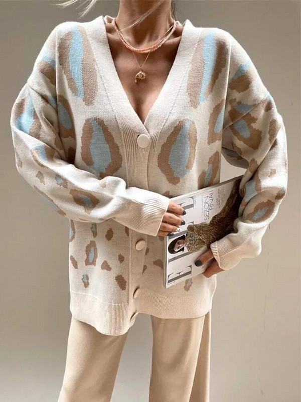 Zimski kardigan s leopard uzorkom za žene 2023. Ležerna široka jakna s V izrezom Debeli topli pleteni kardigan za žene s gumbima