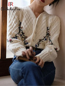 Skraćeni pleteni kardigan kaput Ženski vintage vez Kuka cvijet Jesen Top dugih rukava Kratki ležerni zimski pulover za žene