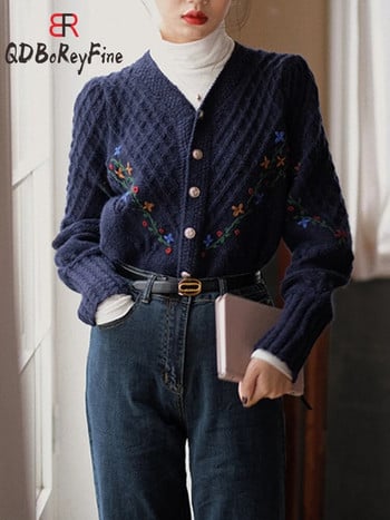 Cropped Knitted Cardigan Γυναικείο παλτό Vintage Κέντημα με γάντζο Λουλούδι Φθινοπωρινό μακρυμάνικο τοπ Κοντό casual χειμωνιάτικο πουλόβερ για γυναίκες