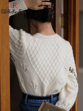 Cropped Knitted Cardigan Γυναικείο παλτό Vintage Κέντημα με γάντζο Λουλούδι Φθινοπωρινό μακρυμάνικο τοπ Κοντό casual χειμωνιάτικο πουλόβερ για γυναίκες