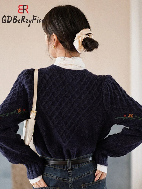 Skraćeni pleteni kardigan kaput Ženski vintage vez Kuka cvijet Jesen Top dugih rukava Kratki ležerni zimski pulover za žene