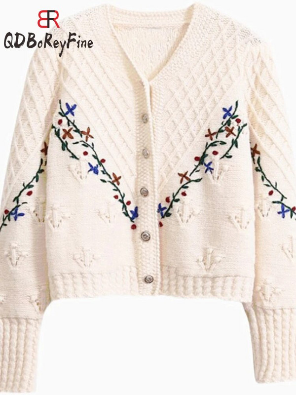 Skraćeni pleteni kardigan kaput Ženski vintage vez Kuka cvijet Jesen Top dugih rukava Kratki ležerni zimski pulover za žene