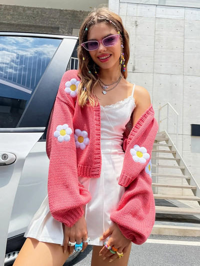 Rudeninis megztas megztinis, gėlių siuvinėjimas, moteriškas megztinis, gėlėtas megztinis, megztinis, žibintuvėlis, rankovė, madingi megztiniai paltai Viršutiniai drabužiai