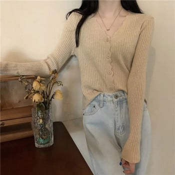 Cropped Cardigan Γυναικεία μακρυμάνικη λεπτή μονόχρωμη πλεκτά πουλόβερ με λαιμόκοψη σε σχήμα V Κομψά εξωτερικά ρούχα Γυναικεία ανοιξιάτικα φθινοπωρινά ρούχα