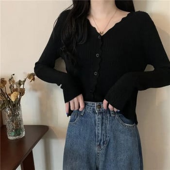 Cropped Cardigan Γυναικεία μακρυμάνικη λεπτή μονόχρωμη πλεκτά πουλόβερ με λαιμόκοψη σε σχήμα V Κομψά εξωτερικά ρούχα Γυναικεία ανοιξιάτικα φθινοπωρινά ρούχα