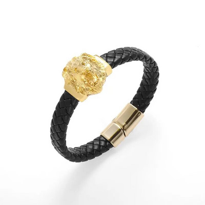 Mados aukso spalvos Liūto karaliaus nerūdijančio plieno pintos grandinės apyrankės Dominuojantis vyrų roko apyrankės lydinys Liūto galvos papuošalai